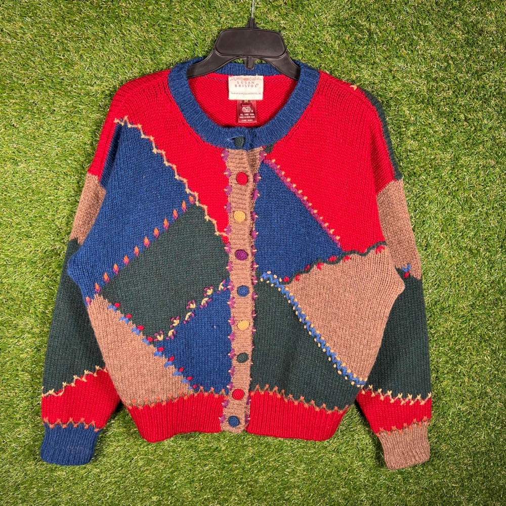 Vintage Susan Bristol 1990 Wool Cardigan Sweater Geometric Patchwork Red Blue M
